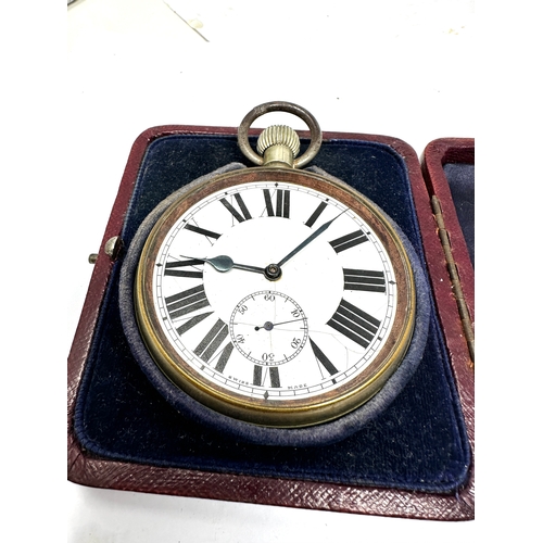 452 - gents silver travel cased goliath pocket watch the watch is ticking missing glass to watch