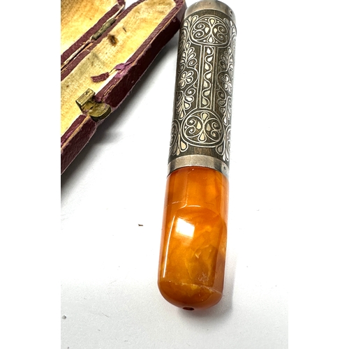 126 - Cased antique silver & amber cheroot holder