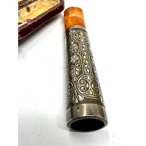 126 - Cased antique silver & amber cheroot holder