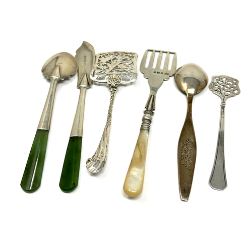 135 - selection of silver items includes jade handle spoon & knife servers etc