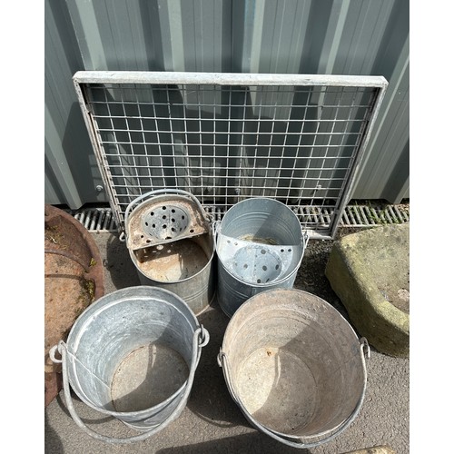 100E - Two galvanised mop buckets, two galvanised buckets and a soil shaker