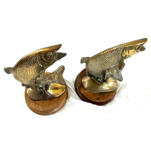 70 - Two vintage brass leaping salmon car mascots measures approx 9 inches tall