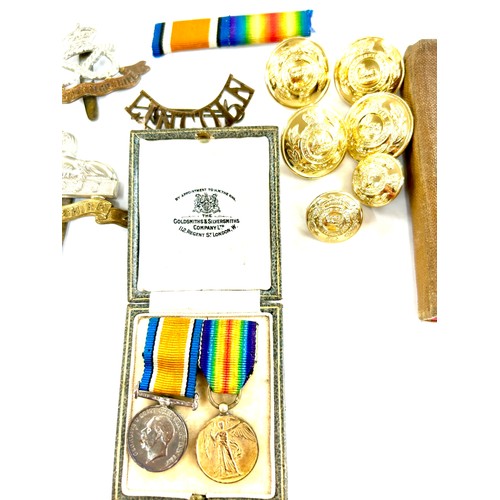 78E - Selection militarian collectables to include Lincolnshire buttons, pair miniature WW1 medals, Lincol... 