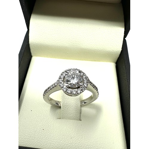 136 - 18ct white gold  diamond halo & diamond shoulders with central moissanite ring in the original box b... 