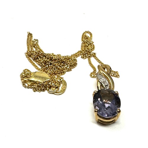 146 - 9ct gold iolite & diamond drop pendant necklace (2g)