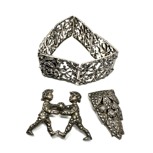 424 - 3 X .925 Marcasite Set Jewellery Comprising Of A Panel Bracelet, Dress Clip And Brooch (45g)