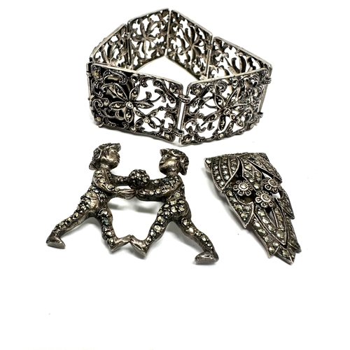 424 - 3 X .925 Marcasite Set Jewellery Comprising Of A Panel Bracelet, Dress Clip And Brooch (45g)