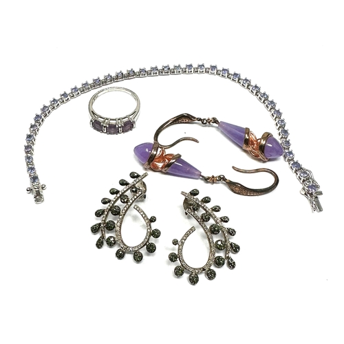 458 - 4 X .925 Gemstone Set Jewellery Including A Tanzanite Tennis Bracelet And Diamond Earrings (29g)