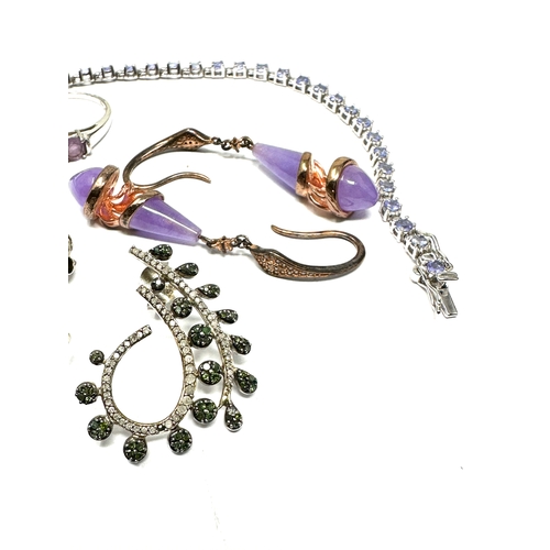 458 - 4 X .925 Gemstone Set Jewellery Including A Tanzanite Tennis Bracelet And Diamond Earrings (29g)