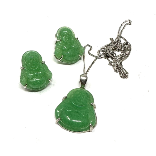 412 - .925 Jade Set Buddah Earrings And Pendant Necklace Set (15g)