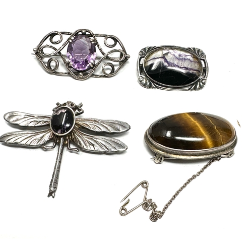 459 - 4 X .925 Gemstone Set Brooches Including A Dragonfly (35g)