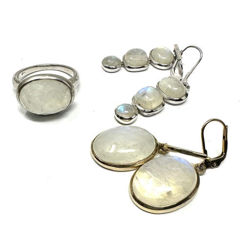 461 - 3 X .925 Moonstone Set Jewellery Including Earrings And A Cocktail Ring (26g)