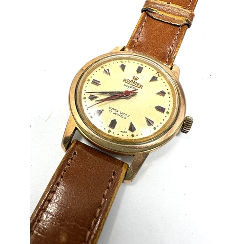 474 - Vintage Gents Roamer anfibio wrist watch  the watch is ticking brown leather strap