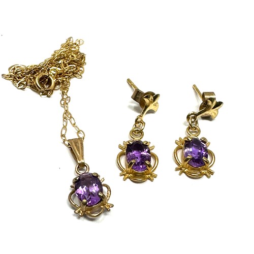 356 - 9ct Gold Amethyst Set Drop Earrings And Pendant Necklace Set (1.6g)