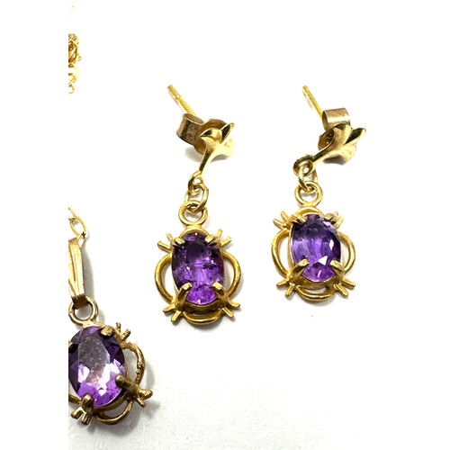 356 - 9ct Gold Amethyst Set Drop Earrings And Pendant Necklace Set (1.6g)