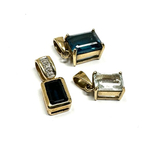 347 - 3 X 9ct Gold Gemstone Set Pendants Inc. Topaz, Aquamarine, Sapphire And Diamond (5.3g)