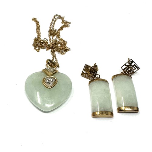 177 - 2 X 9ct Gold Jade Set Earrings And Pendant Necklace (9.8g)