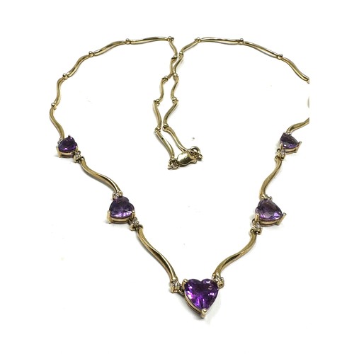 169 - 9ct Gold Heart Cut Amethyst And Diamond Set Station Necklace (6.9g)