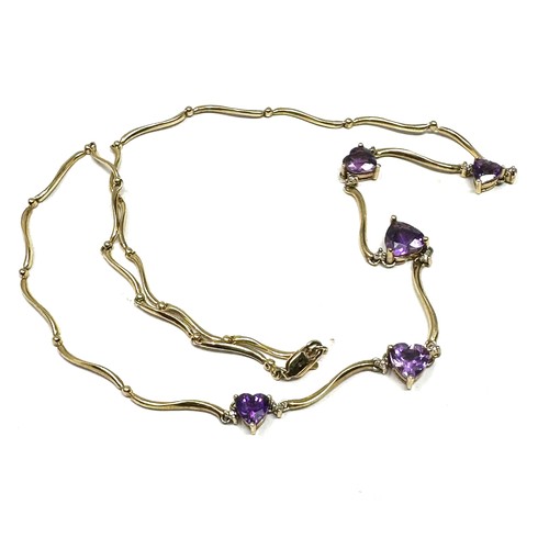 169 - 9ct Gold Heart Cut Amethyst And Diamond Set Station Necklace (6.9g)