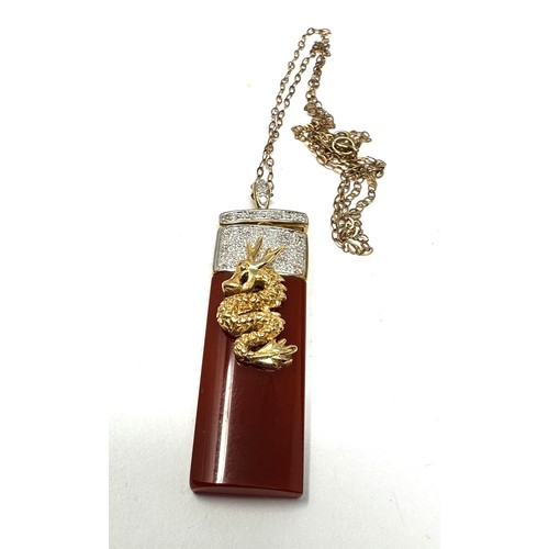 365 - Chinese 14ct Gold Carnelian And Diamond Set Horned Dragon Detail Pendant On A 9ct Gold Chain (7g)