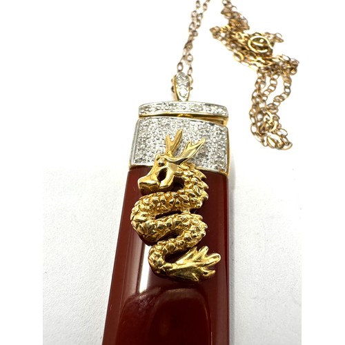 365 - Chinese 14ct Gold Carnelian And Diamond Set Horned Dragon Detail Pendant On A 9ct Gold Chain (7g)