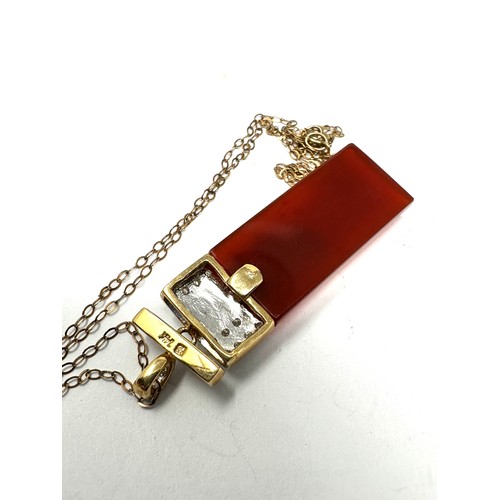 365 - Chinese 14ct Gold Carnelian And Diamond Set Horned Dragon Detail Pendant On A 9ct Gold Chain (7g)