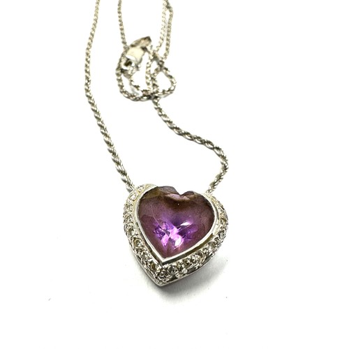 156 - 18ct White Gold Heart Cut Amethyst And Diamond Pendant necklace (5.7g)