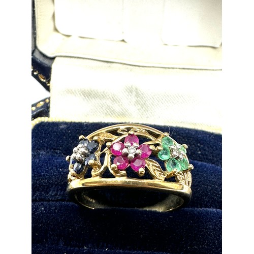 266 - 9ct Gold Diamond, Emerald, Ruby And Sapphire Flower Cluster ring 3g