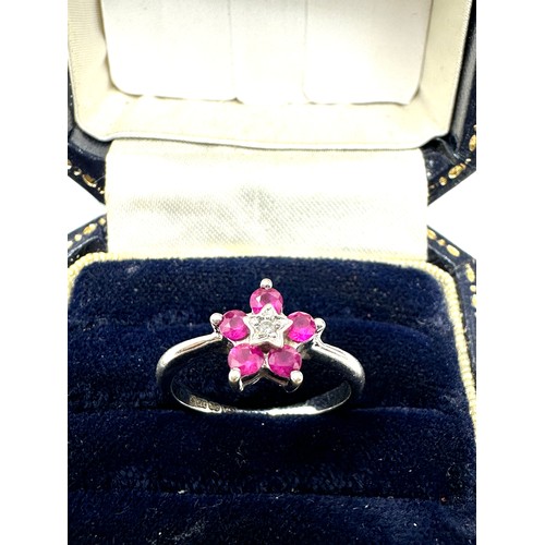 200 - 9ct White Gold Diamond And Ruby Flower Cluster Ring (2.1g)