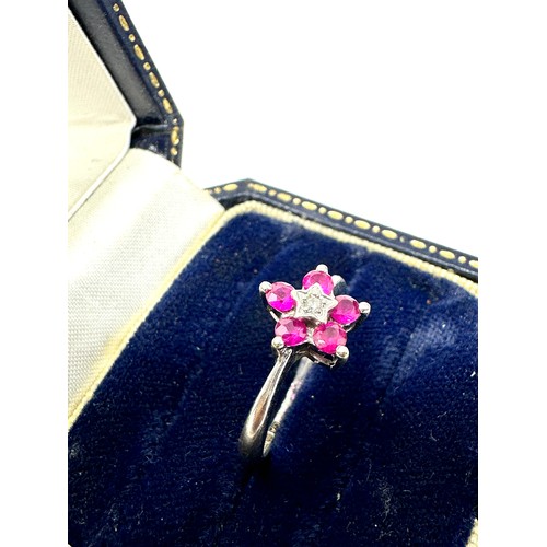 200 - 9ct White Gold Diamond And Ruby Flower Cluster Ring (2.1g)