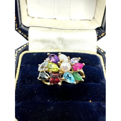 191 - 9ct Gold Diamond/Pearl/Garnet/Emerald/Ruby/Tanzanite/Peridot/Topaz/Amethyst Cluster  Ring (2.9g)