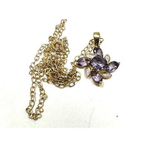 275 - 9ct White And Yellow Gold Diamond And Iolite Floral Cluster Pendant Necklace (1.9g)