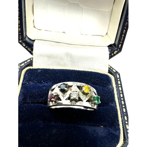 331 - 9ct White Gold Diamond, Emerald, Ruby & Sapphire Dress Ring (5.5g)