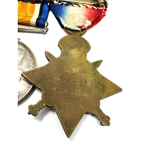 13 - ww1 mons star trio medals to 2957 pte b . shaw 1st Herts regt