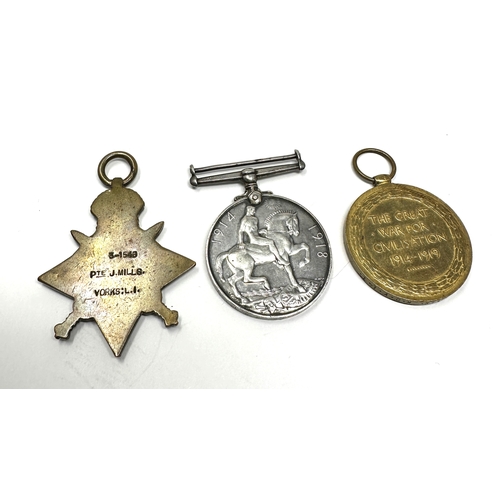 15 - ww1 mons star trio medals to pte j mills yorks. light infantry