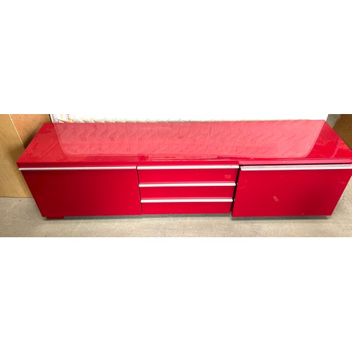 384 - Red high glass long TV cabinet 19 inches tall 71 inches wide 16 inches depth