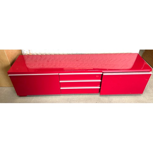 384 - Red high glass long TV cabinet 19 inches tall 71 inches wide 16 inches depth