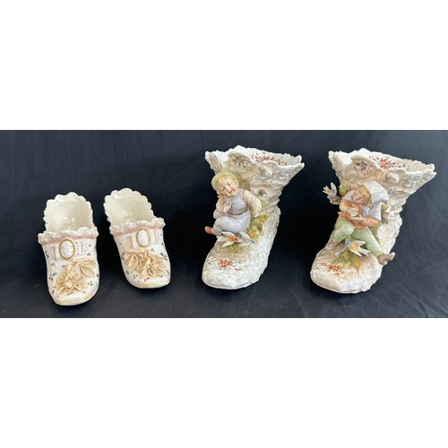 85 - Meissen pottery boots + 2 others, has sustained damage