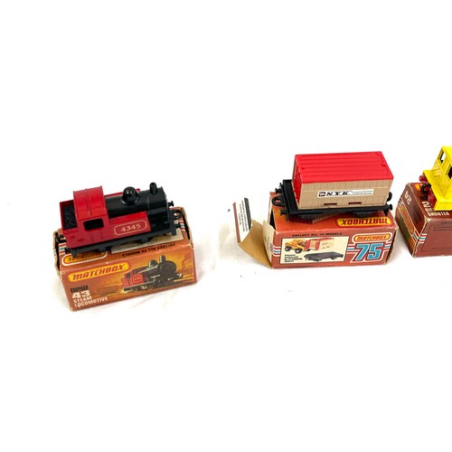 616 - Selection of boxed match box includes Matchbox flat car 25, Diesel shunter 24, Steam locomotive 43 a... 