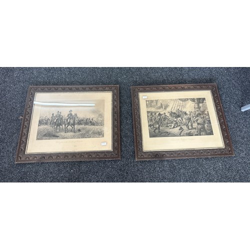 301 - Two prints in carved frames depicting ' Nelson at The Battle of Trafalgar' and ' Wellington at the B... 