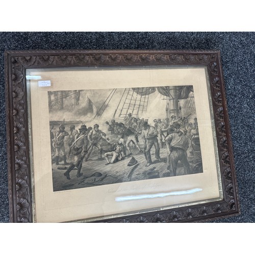 301 - Two prints in carved frames depicting ' Nelson at The Battle of Trafalgar' and ' Wellington at the B... 