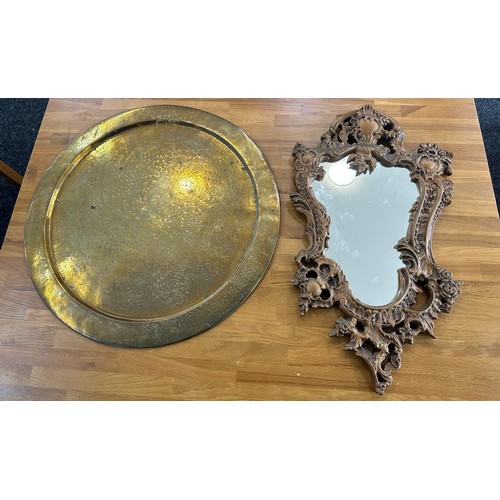 190 - Vintage gilt framed mirror and a brass charger- largest measures 23 inches diameter