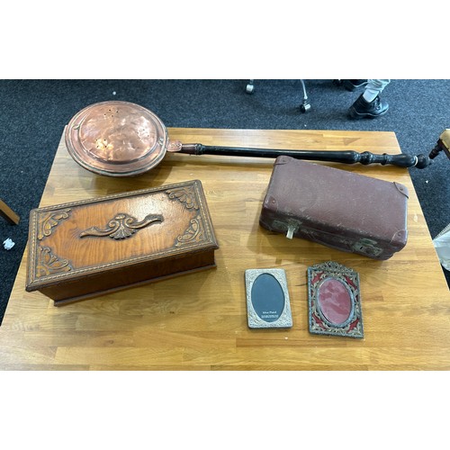 155 - Selection of vintage collectable items to include wooden box, copper warming pan, small trunk and fr... 