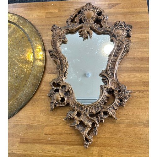 190 - Vintage gilt framed mirror and a brass charger- largest measures 23 inches diameter