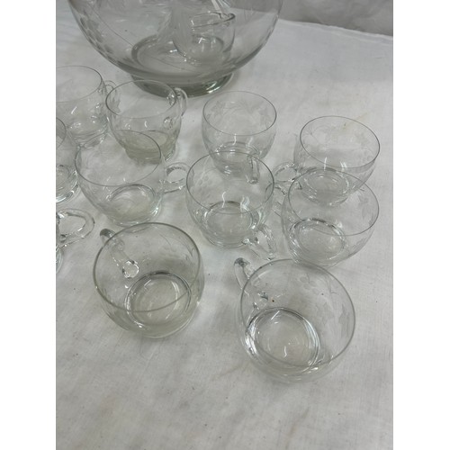 561 - Vintage glass punch bowl set with 17 punch glasses and a serving spoon