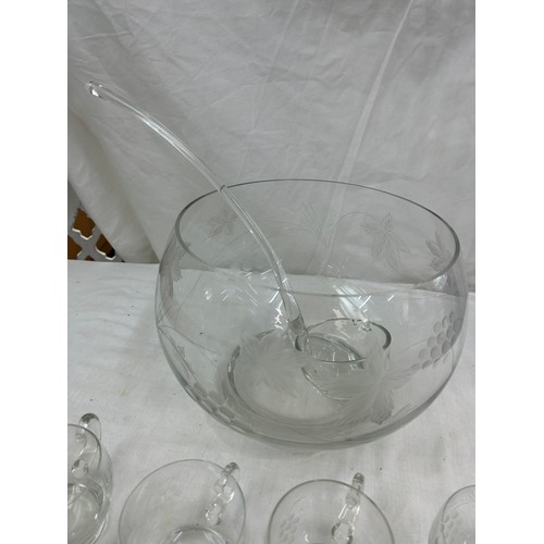 561 - Vintage glass punch bowl set with 17 punch glasses and a serving spoon