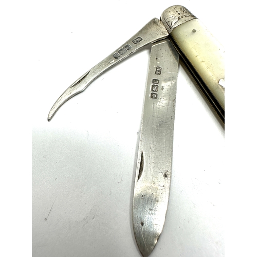 2 - Antique Victorian silver knife with twin blade sheffield silver hallmarked blade & m.o.p handle