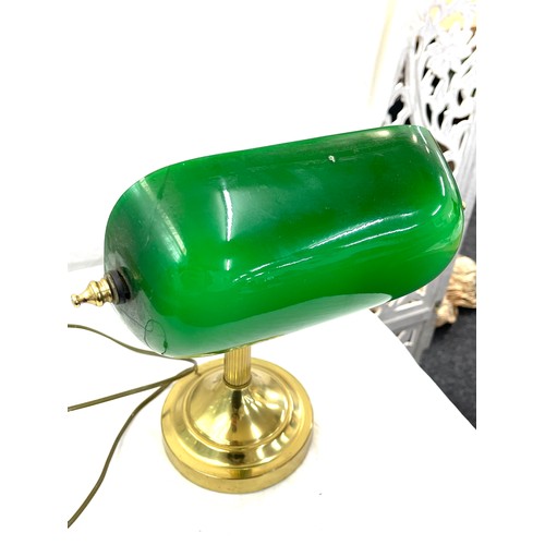 114 - Vintage brass column green glass shade desk lamp