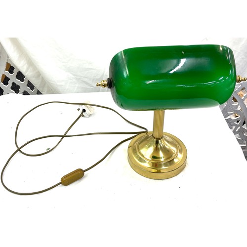 114 - Vintage brass column green glass shade desk lamp