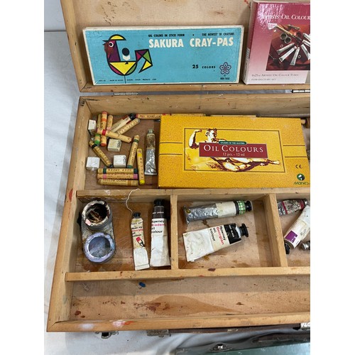 227 - Vintage wooden artist box and contents